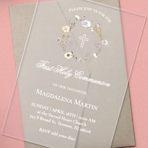 wildflowers wreath First Holy Communion Acrylic Invitations