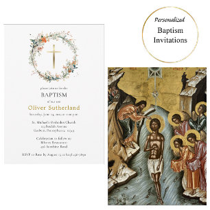 Wildflowers Wreath Gold Cross Orthodox Baptism Invitation