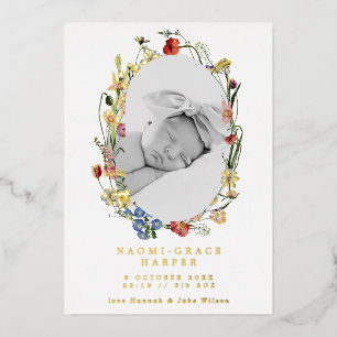 Wildflowers Wreath Photo Birth Announcement Foil