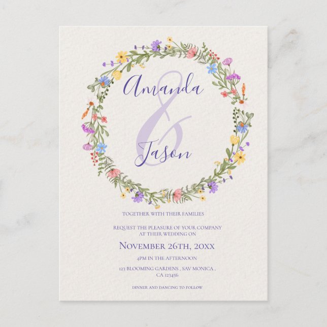 Wildflowers Wreath Pretty Yellow Purple Wedding  Postcard (Front)