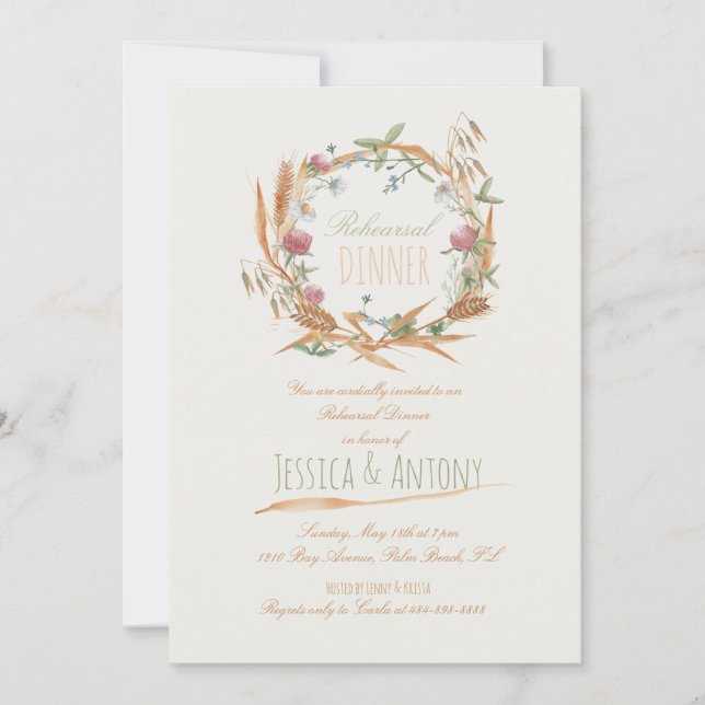 Wildflowers Wreath Rustic Fall Rehearsal Dinner Invitation (Front)