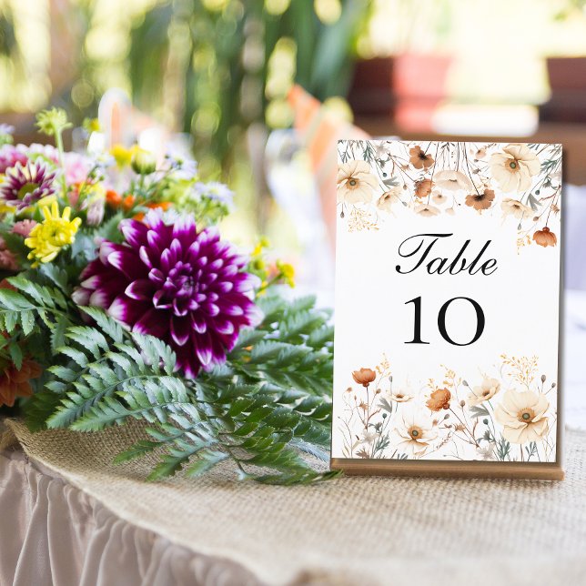 Wildflowers Yellow Beige Wedding Table Number Card (Boho Wildflowers Yellow Beige Terracotta Burnt Orange Wedding Table Number Cards)