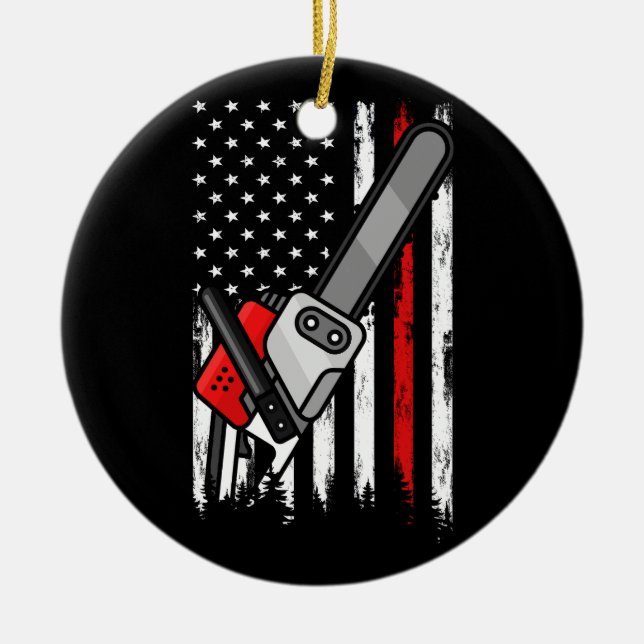 Wildland Firefighter Chainsaw Red Line American Fl Ceramic Ornament (Front)