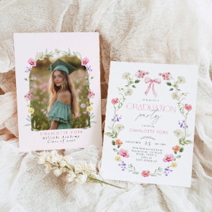 Wildlfower Graduation party Pink Bow Invitation