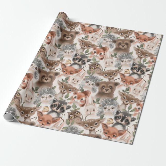 Wildlife Animal Pattern Fox Deer Hedgehog Wrapping Paper (Unrolled)