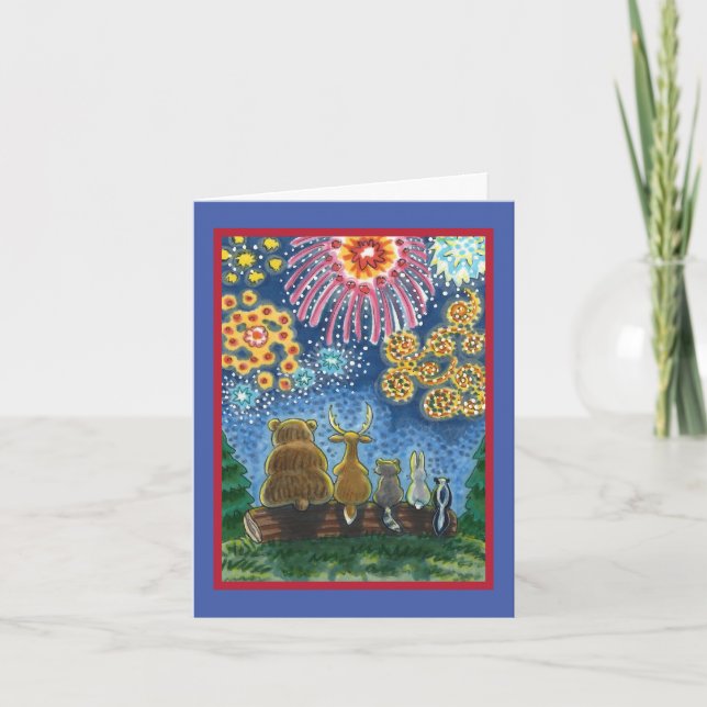WILDLIFE ANIMALS 4TH OF JULY FIREWORKS, CUTE Blank Holiday Card (Front)