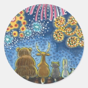 WILDLIFE ANIMALS 4TH OF JULY FIREWORKS, CUTE Funny Classic Round Sticker