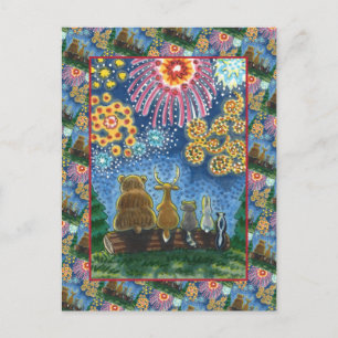 WILDLIFE ANIMALS 4TH OF JULY FIREWORKS, CUTE Funny Holiday Postcard