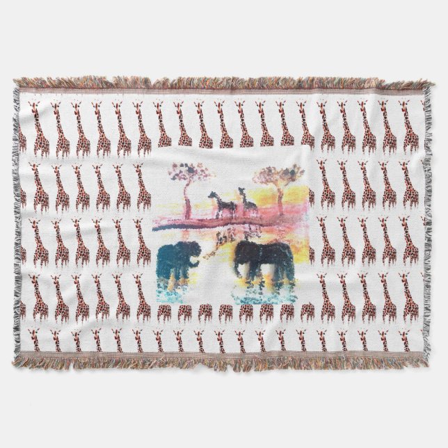 Wildlife Art Elephant, Giraffes Throw Blanket (Front)