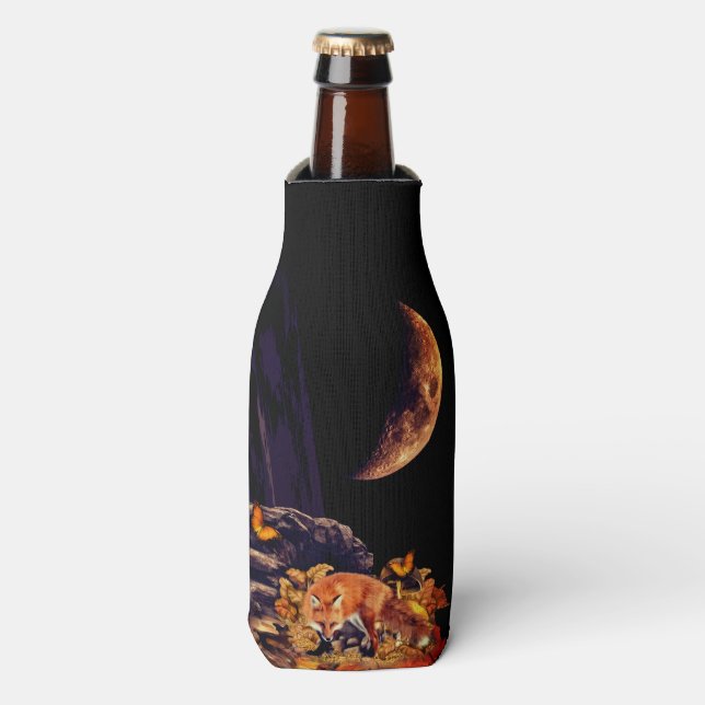 Wildlife collage with fox, hedgehog and amber moon bottle cooler (Bottle Front)