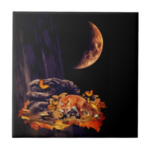 Wildlife collage with fox, hedgehog and amber moon ceramic tile