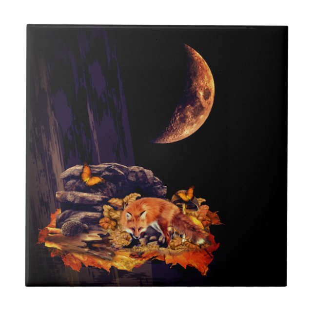 Wildlife collage with fox, hedgehog and amber moon ceramic tile (Front)