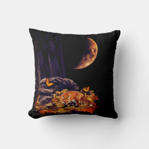 Wildlife collage with fox, hedgehog and amber moon cushion