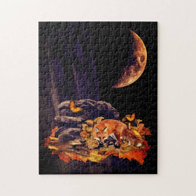 Wildlife collage with fox, hedgehog and amber moon jigsaw puzzle (Vertical)