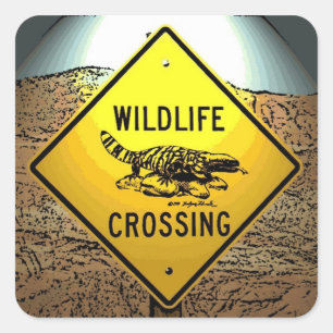 Wildlife crossing caution artistic road sign square sticker