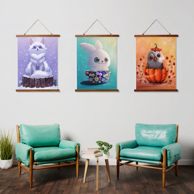 wildlife cute Forest animals : Fox, Owl, & Rabbit Hanging Tapestry (Living Room)
