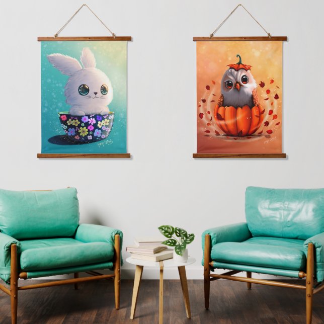 wildlife cute Forest animals : Owl, & Rabbit Hanging Tapestry (Living Room)