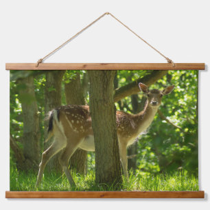 Wildlife Fallow Deer in Forest Among Trees Hanging Tapestry