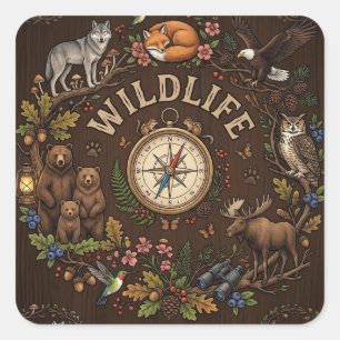 "Wildlife" Forest Adventure Illustration Square Sticker