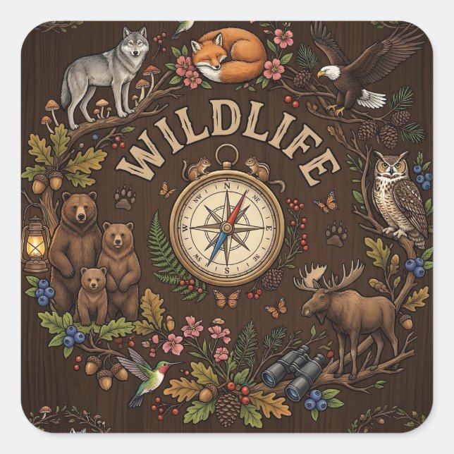 "Wildlife" Forest Adventure Illustration Square Sticker (Front)