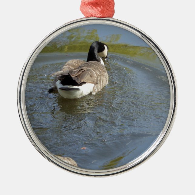 Wildlife Goose swimming in Lake, Water Circle Metal Tree Decoration (Front)