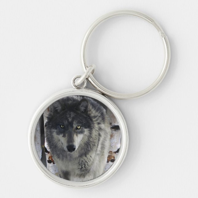 Wildlife Grey Wolf and Forest design Key Ring (Front)