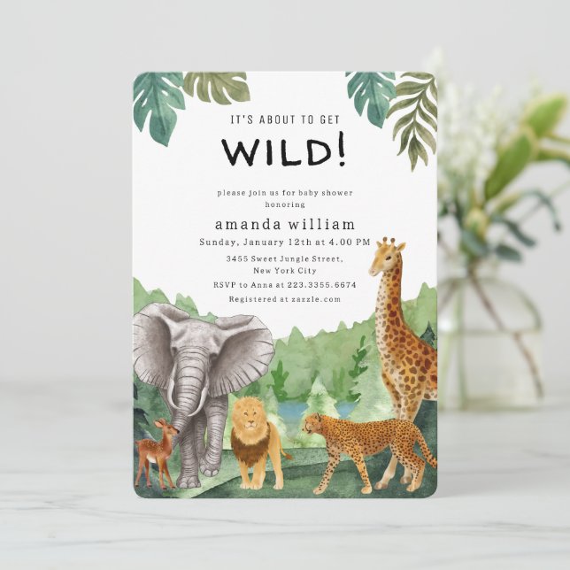 Wildlife Jungle Sarafi Animals Forest Baby Shower  Invitation (Standing Front)
