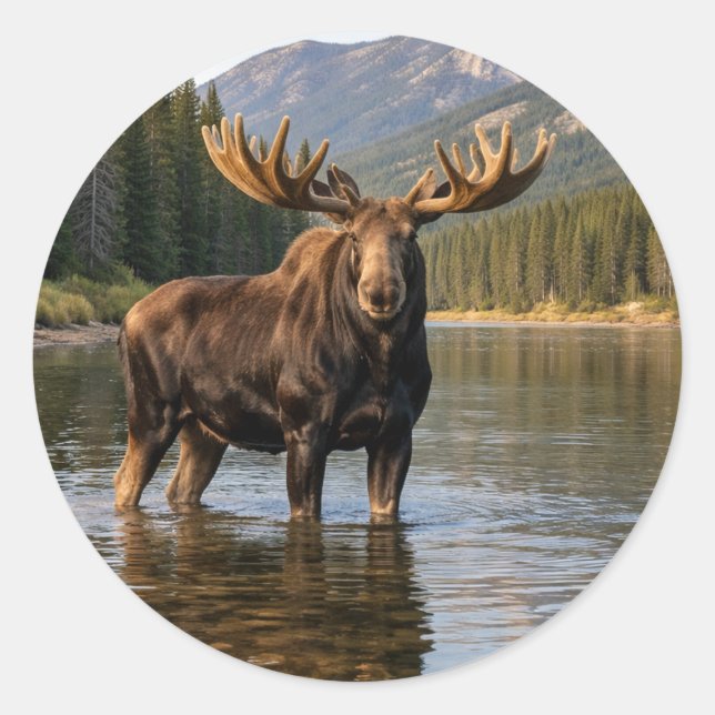 Wildlife Moose Mountain River  Classic Round Sticker (Front)