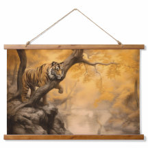 Wildlife Ochre Oil Painting – Tiger Waiting