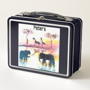 Wildlife Painting Elephants Giraffe Personalised Metal Lunch Box