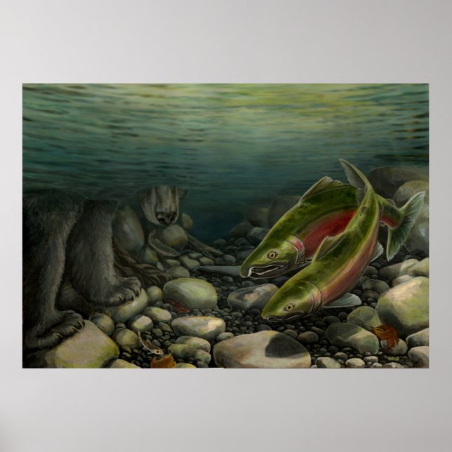 Wildlife Painting Prints Salmon Fishing Bear Print (Front)