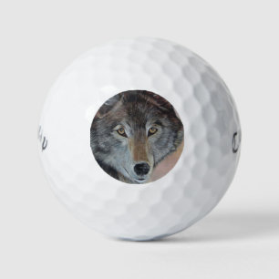 wildlife portrait painting of grey wolf golf balls