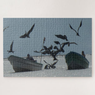 Wildlife Puzzle: Pelicans around Fishing Boats Jigsaw Puzzle