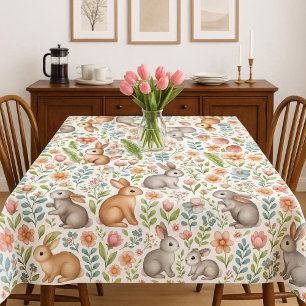 Wildlife Rabbit Pink Floral Pattern Tablecloth