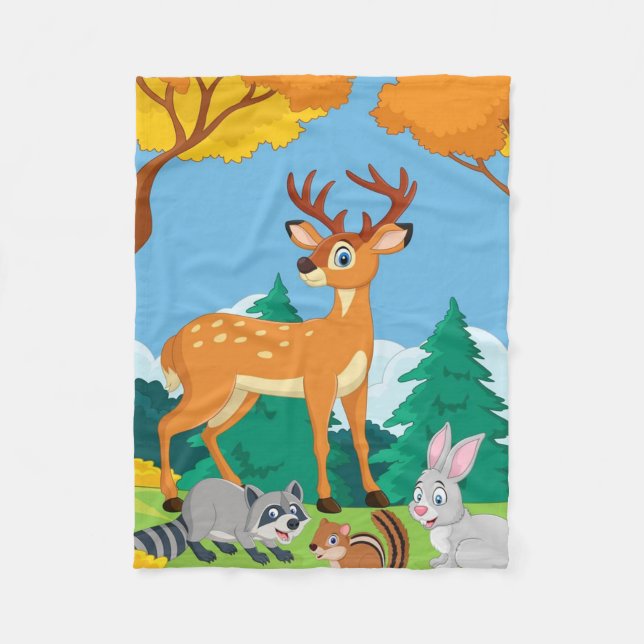 Wildlife Racoon Chipmunk Rabbit Deer Fall Landsca Fleece Blanket (Front)