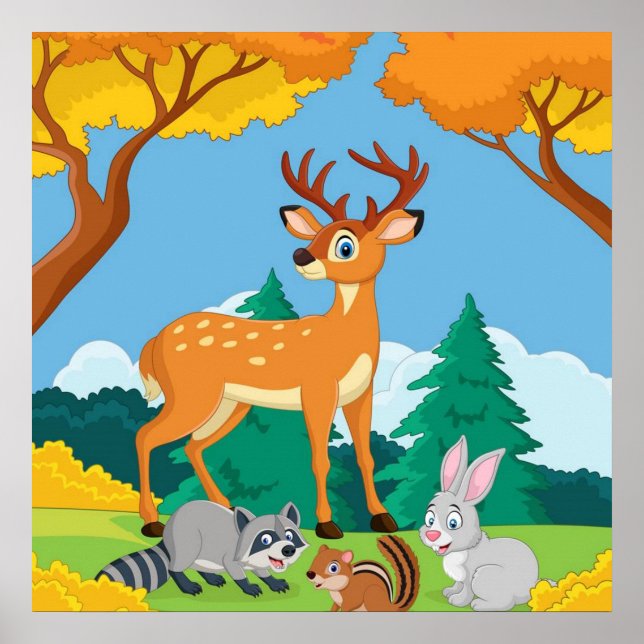 Wildlife Racoon Chipmunk Rabbit Deer Fall Landsca Poster (Front)