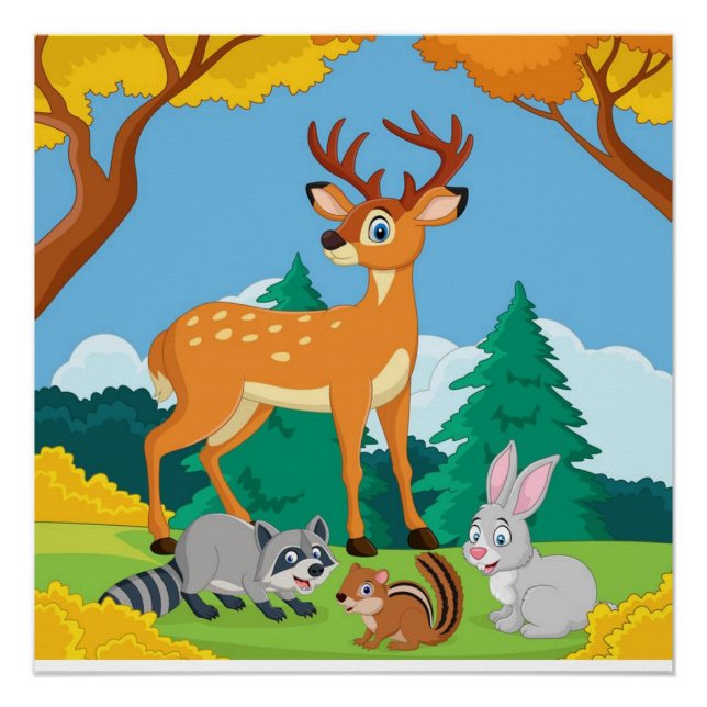 Wildlife Racoon Chipmunk Rabbit Deer Fall Landsca Poster (Front)