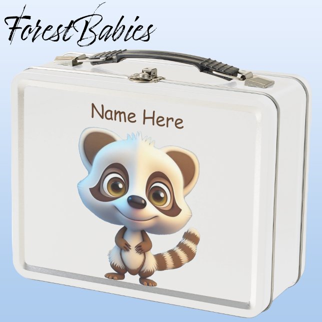 Wildlife Racoon Woodland Animal Cartoon Graphic Metal Lunch Box (Raccoon, White ForestBabies Lunch Box)