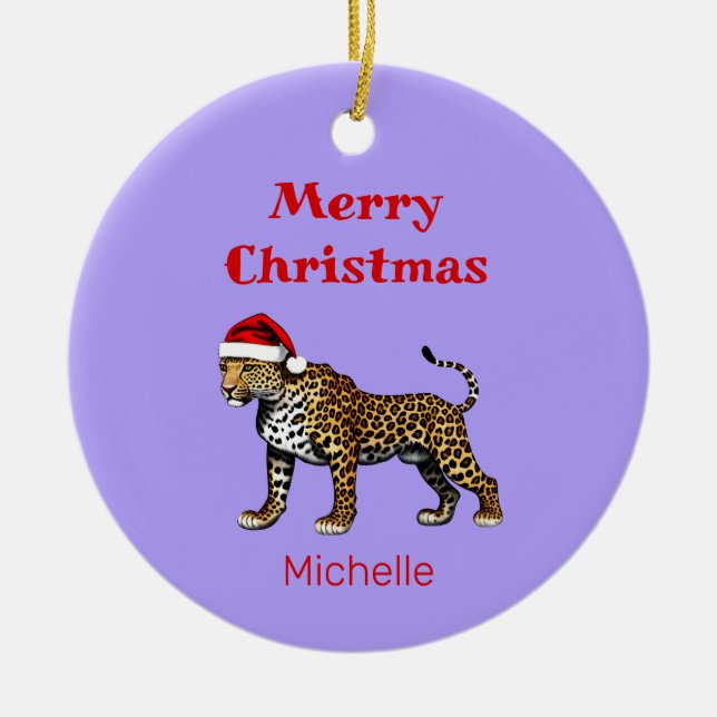 Wildlife Safari Animal Leopard Santa Hat Christmas Ceramic Ornament (Front)