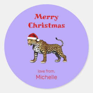 Wildlife Safari Animal Leopard Santa Hat Christmas Classic Round Sticker