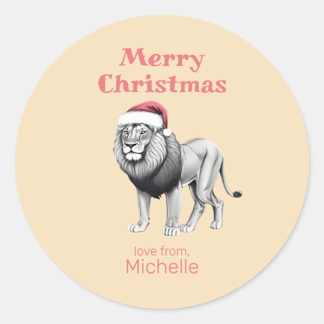 Wildlife Safari Animal Lion Santa Hat Christmas Classic Round Sticker (Front)