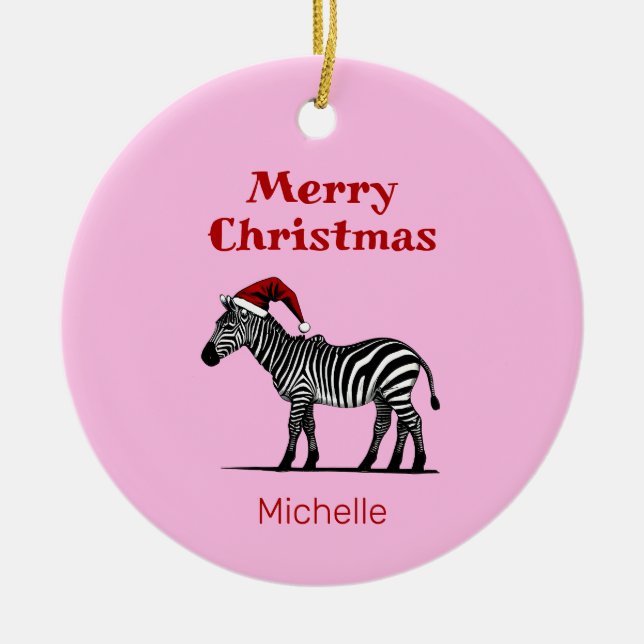 Wildlife Safari Animal Zebra Santa Hat Christmas Ceramic Ornament (Front)