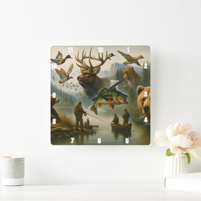 Wildlife Scene Grand Outdoor Sportsman's Life Square Wall Clock (Home)