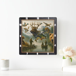 Wildlife Scene Grand Outdoor Sportsman's Scene Square Wall Clock