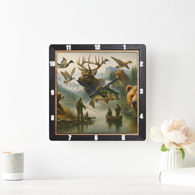 Wildlife Scene Grand Outdoor Sportsman's Scene Square Wall Clock (Home)