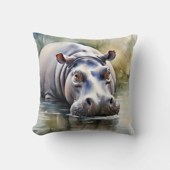 Wildlife Serenity Watercolor Hippo Cushion (Front)