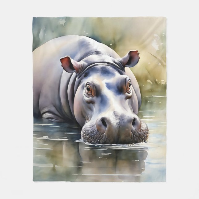 Wildlife Serenity Watercolor Hippo Fleece Blanket (Front)