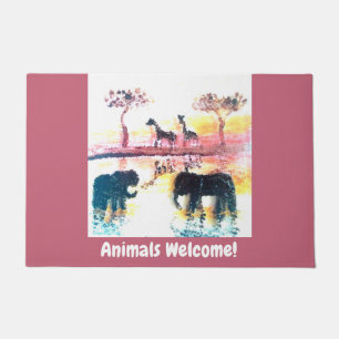 Wildlife Sunset Art Elephants, Giraffe Welcome Doormat