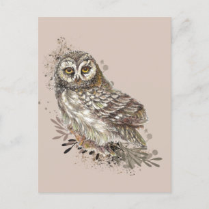 Wildlife Watercolor Art Nature, Owl, Bird,  Postcard