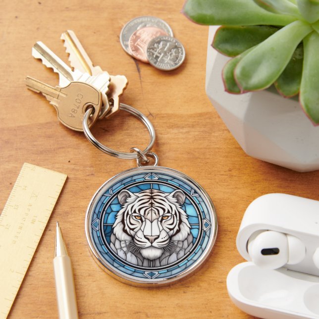 Wildlife White Tiger Stained Glass Key Ring (Desk)